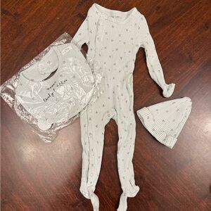 Lovely Little Soft Ribbed Light Gray Floral Baby One-Piece with Hat